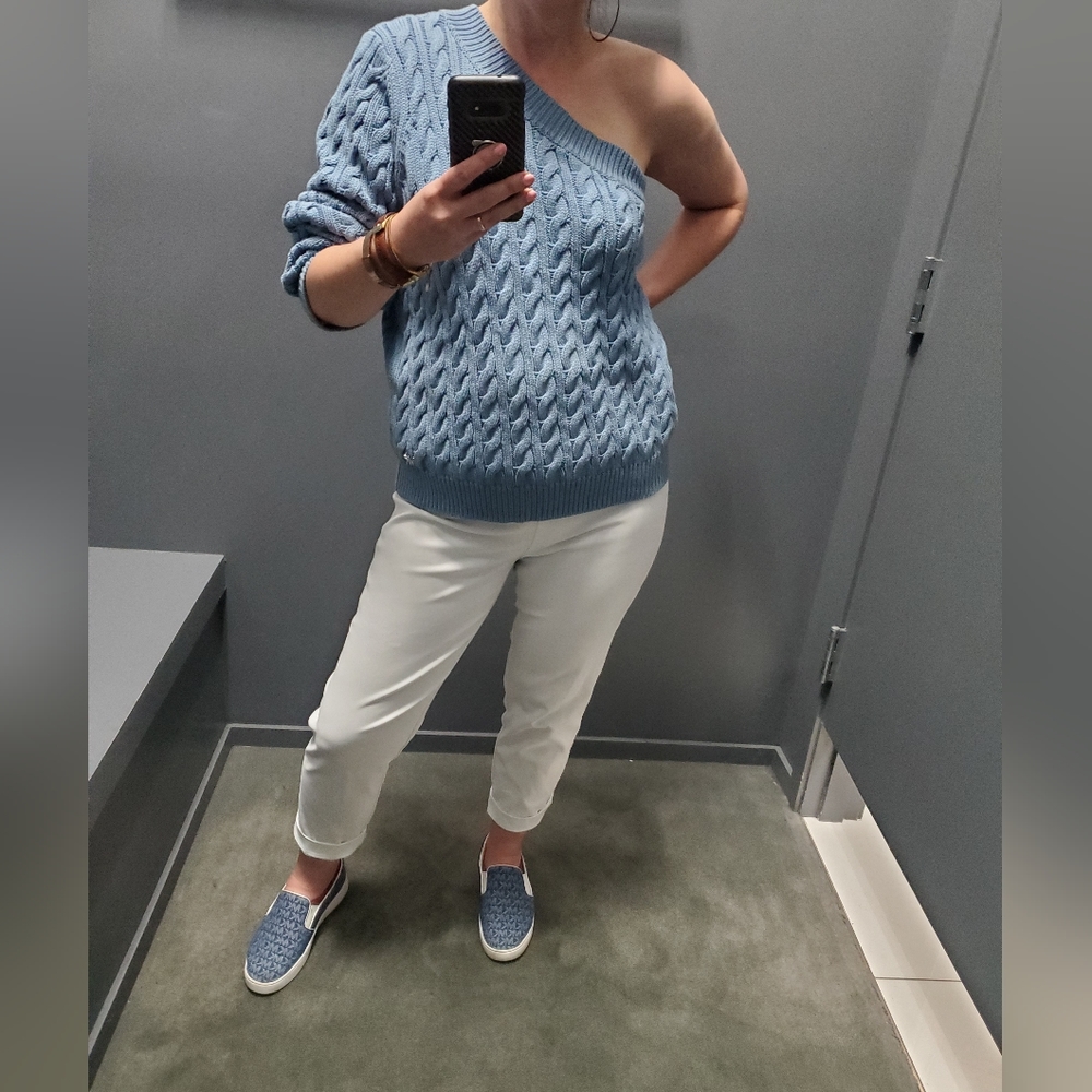 MICHAEL Michael Kors One Shoulder Cable Knit Light Blue Sweater